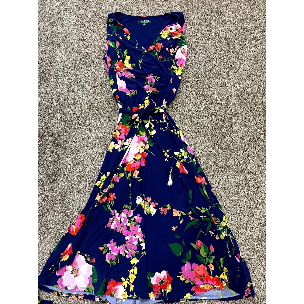 Lauren Ralph Lauren Maxi Dress Womens 12 Navy Blue Stretch Floral Wrap Belted